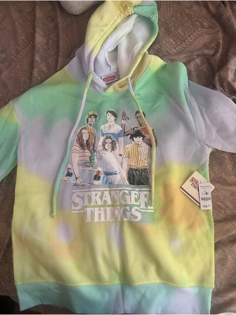 Ardene Pastel Tie-Dye Stranger Things Hoodie in Green, Yellow, Purple